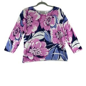 Alfred Dunner 3/4 Sleeve Sweater Women's Petite Measured Medium Floral Sparkle